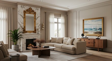 A living room with a beige sectional sofa, a fireplace, and a large painting on the wall