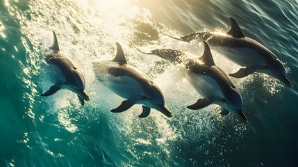 Obraz premium Dolphins leap from turquoise waves