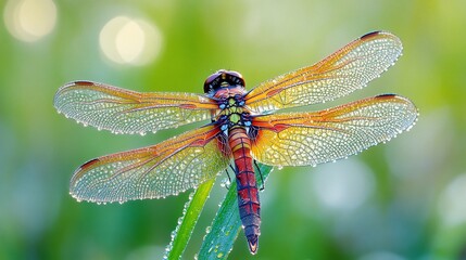 Close-up view of a vibrant dragonfly perched on green grass with blurred bokeh background