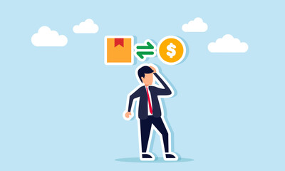 businessman thinking with exchange icon between package box and dollar coin, illustration of thinking about financial rotation and business investment strategy