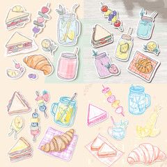 Pastel hand-drawn breakfast food and drinks including sandwiches, croissants, fruit skewers, and lemonade jars&mdash;perfect for cute stickers, cafe menus, and cozy brunch designs.

