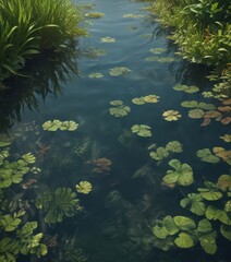 Submerged footprint design with aquatic plants, creating unique water reflections , water, bright, zen
