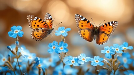 Obraz premium Two butterflies hover over forget-me-nots in soft sunlight