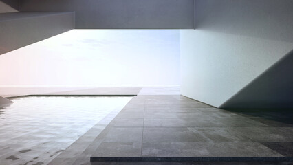 Empty concrete floor terrace near water in pond. 3d rendering of abstract gray building with sea and clear sky background.