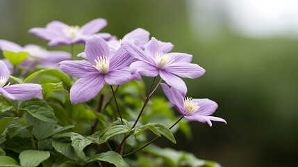Siberian or Alpine clematis blooming with purple flowers, closeup