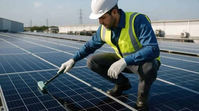 Solar Panel Technician at Work: A dedicated technician, clad in a protective helmet and vest, meticulously cleans a solar panel installation, demonstrating a commitment to sustainable energy.