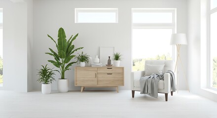 Bright living room with plants, a cabinet, and a chair near a window in a minimalist setting
