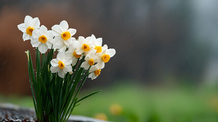 Watering white yellow daffodils, spring sunshine and waterdrops. April showers bring may flowers.