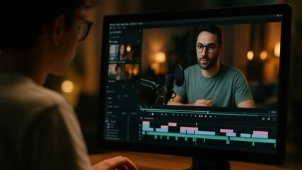 Video Editing: A close-up perspective of an individual, engrossed in the intricate process of video editing on a modern computer, editing of video, visual representation, content creation. 