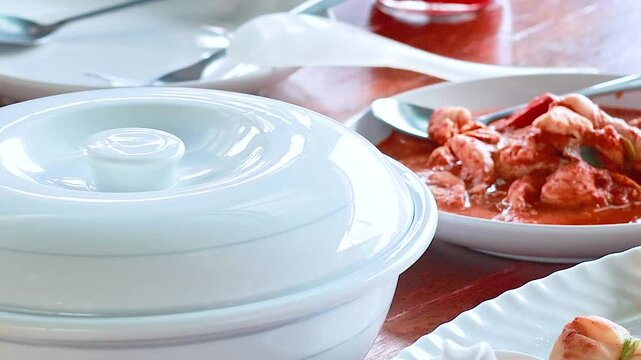 Close-Up of Covered Dish and Seafood Platter