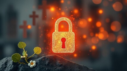 Glowing Padlock Symbol of Digital Security over Rock with Plant