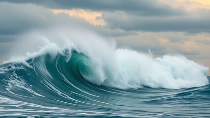 Naklejka premium Majestic Ocean Wave Crashing Powerfully under Dramatic Cloudy Sky