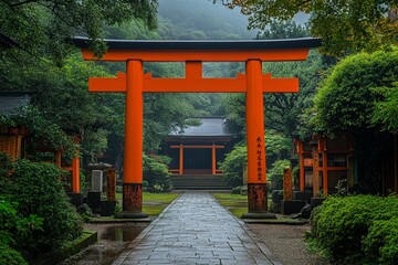 A bright orange torii gate leads to a temple pathway