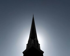 A simple, elegant silhouette of a steeple church against a clear sky - contrast architecture bell shadows crisp