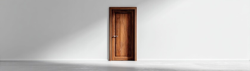 A simple, yet sturdy, closed wooden door, set against the stark emptiness of a white-walled room; ample copy space provided - exit reliable traditional