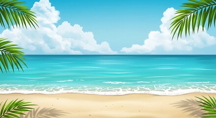 Tropical Beach Scene with Palm Leaves Ocean and Blue Sky