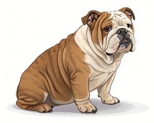 Obraz premium Adorable Brown and White English Bulldog Sitting Dog Breed Portrait Pet Animal Illustration