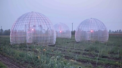 Obraz premium Innovative Domes on a Rural Landscape, evoking a sense of futurism and technology