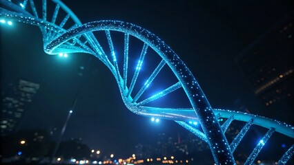 Obraz premium Illuminated DNA Double Helix Structure at Night Cityscape Background Science Concept