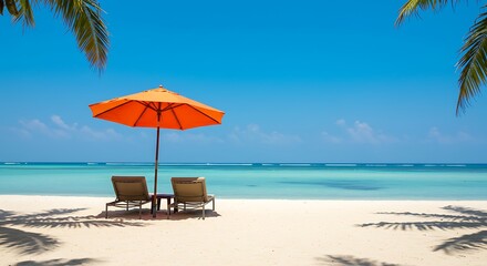 Beach with Orange Umbrella and Chairs