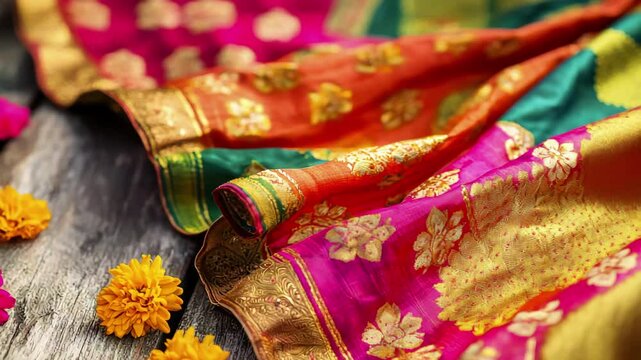 Vibrant and colorful silk saree draped elegantly, showcasing intricate floral patterns and rich textures, surrounded by marigold flowers, embodying traditional Indian drapery.