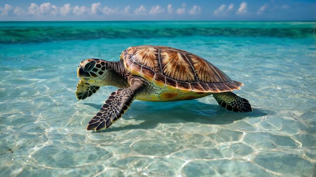 A graceful sea turtle glides through clear turquoise waters, showcasing its vibrant shell and serene motion.