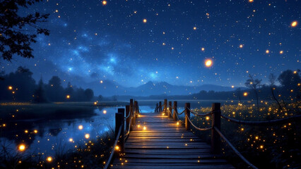 橋の上から眺める蛍が舞う夜景