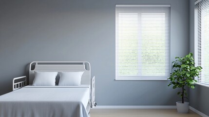 Fototapeta premium Modern Hospital Room Interior White Bed Minimalist Design Grey Walls Window Blinds