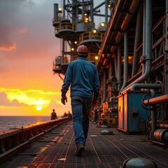 Fototapeta premium Silhouette of Oil Rig Worker at Sunset
