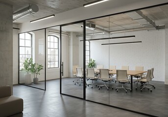 Fototapeta premium Conference room with glass walls and a long table surrounded by chairs in a modern office space