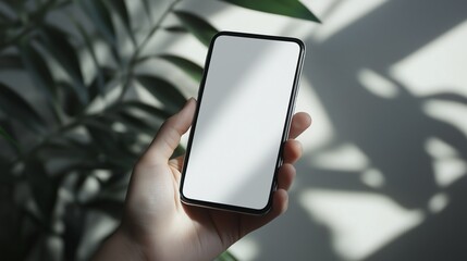 Hand holding a smartphone with a white blank screen against a natural green background. Ideal for app design, UI/UX, branding, and technology mockup.