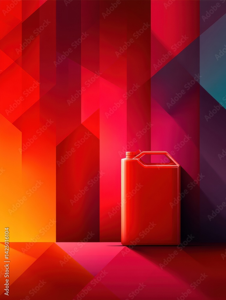 Poster Bright Red Jerrycan Stands Against Vibrant Geometric Background With Abstract Shapes and Colors Creating a Striking Visual Contrast