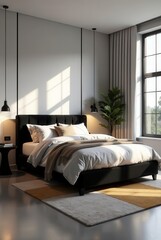 Fototapeta premium Modern Minimalist Bedroom Design Featuring Black Upholstered Bed, Neutral Color Palette, and Natural Light