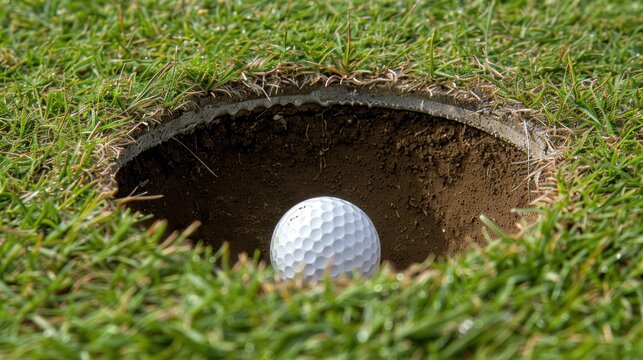 A golf ball perched on the lip of the cup, teasingly close to dropping in for a hole-in-one.