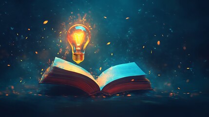 Mystical Book with Fiery Light Bulb, An open book with glowing pages and a fiery light bulb hovering above, surrounded by smoke and sparks