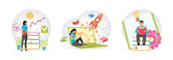 Fototapeta premium Woman Standing with School Books. Creative Learning Concept. Young Man Reading a Book.