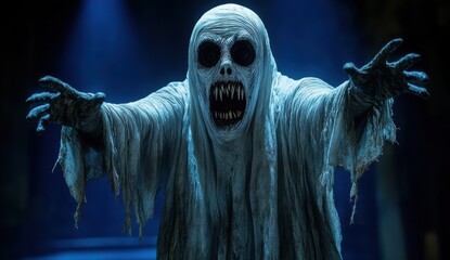 A ghostly figure with a white robe and a skull on its face is reaching out