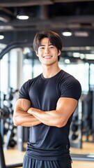 日本人 男性 アジア人 ムキムキ 筋肉 パーソナル トレーナー スマイル ジム バストショット 黒 灰色 白 背景