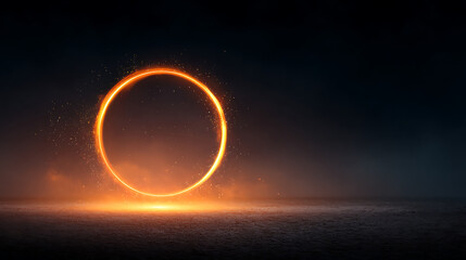 Glowing burning ring dark background grainy gradient orange red yellow black noise texture banner abstract background