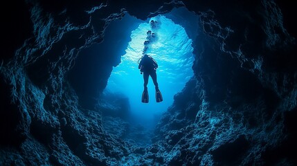 Obraz premium Diver ascending through cave opening to surface, underwater, cavern background