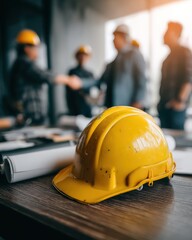 Engineering blueprint meeting featuring professional team in collaboration with safety helmet foreground