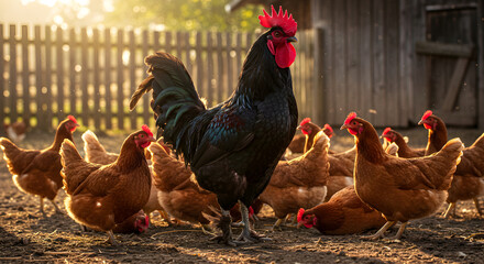 Rooster And Hens Foraging Freely On A Rural Farmyard At Sunset