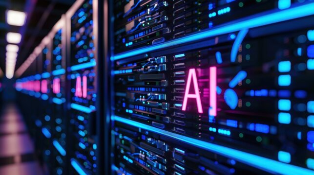 A futuristic server room with racks of CPU computers featuring illuminated 3D "AI" text logos, demonstrating advanced AI infrastructure.