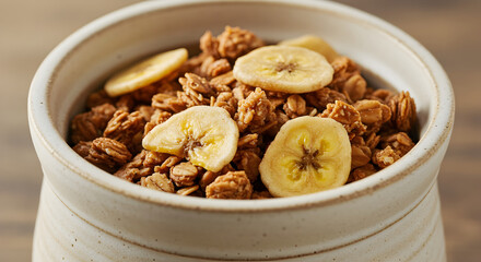 Obraz premium Crunchy Granola With Sliced Bananas In a Rustic Ceramic Bowl