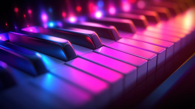 Vibrant piano keys illuminated by neon lights