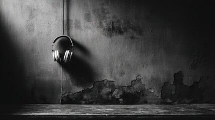 Headphone on dark grungy wall artistic scene in black and white music technology theme
