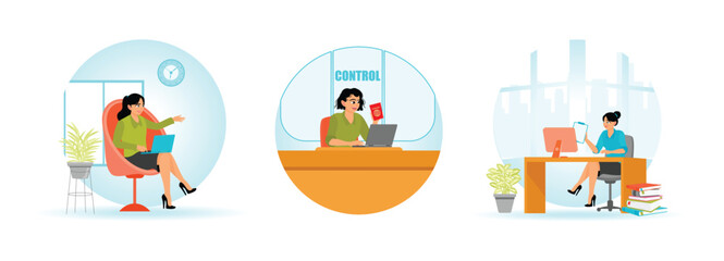 Woman works at computer desk.  Airport customs safety check documents. Office worker concept.