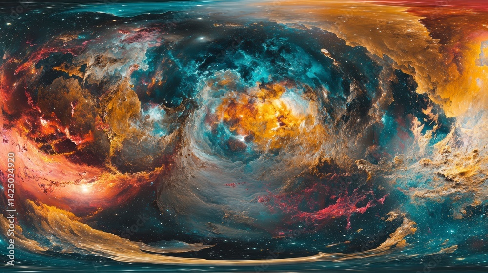 Poster vivid 360° panoramic view of a nebula in space, showcasing swirling colors and cosmic dust.