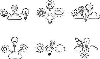 Creative thinking process with gears cloud and lightbulb icons black and white