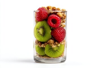 Eye Level Shot of Refreshing Granola and Fruit in Glass on White Background for Delicious Food Concept